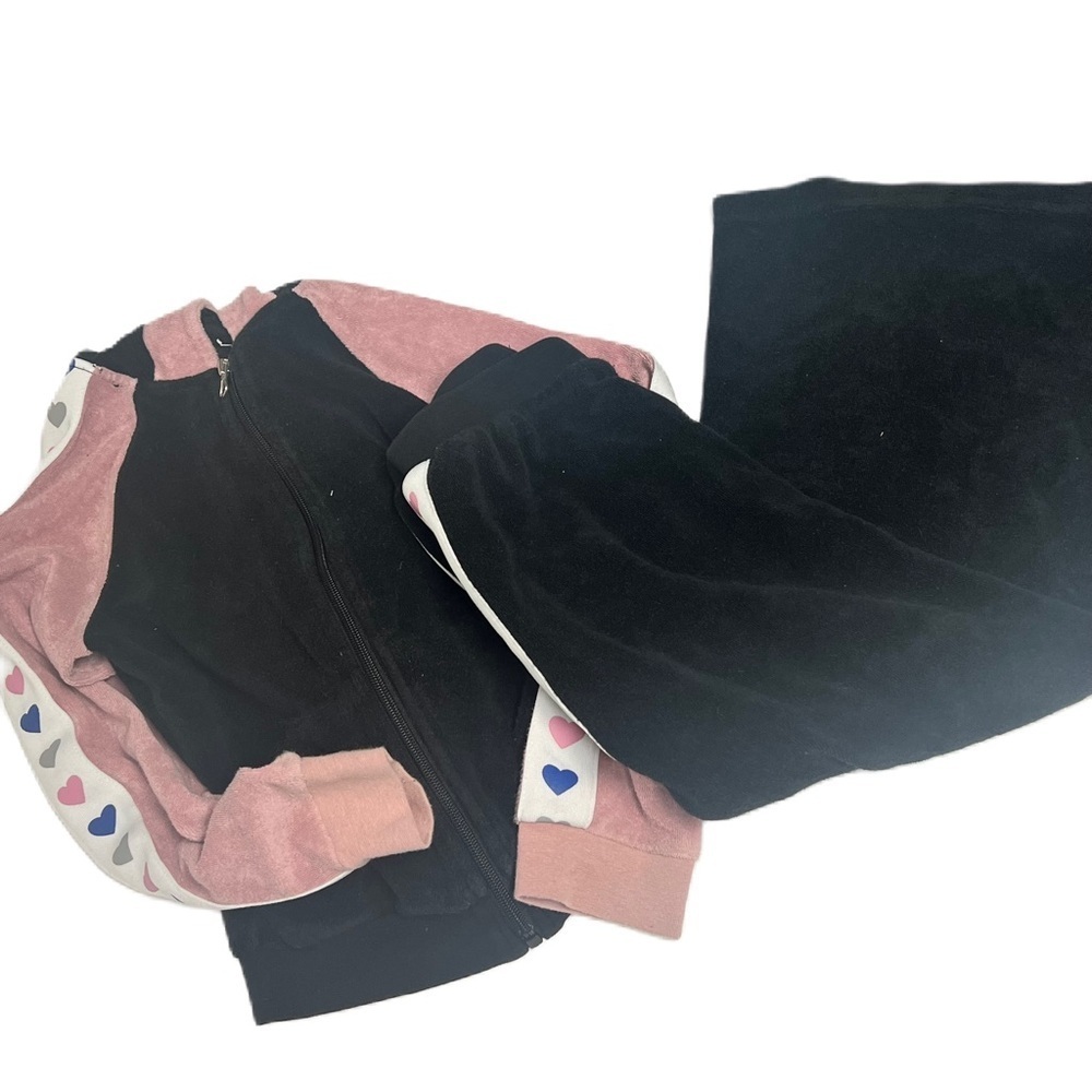 TRY girls 2 piece terry zip up sweatshirt and skirt black pink hearts summer fun